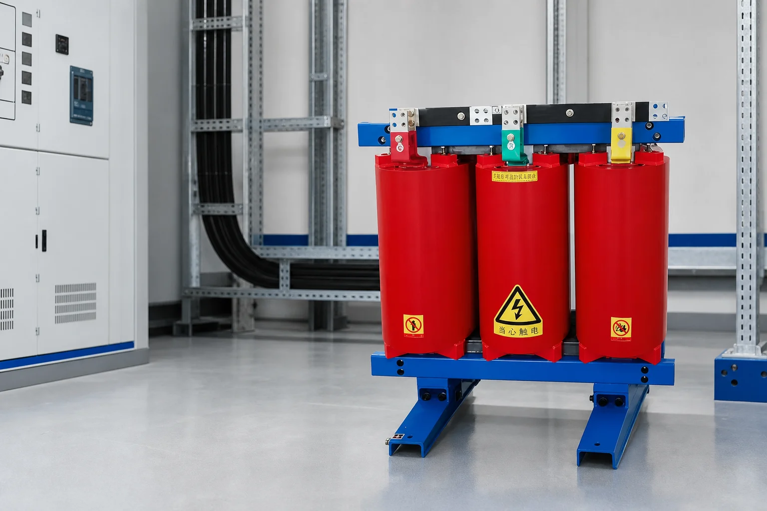 Cast resin dry type transformer in a facility electrical room