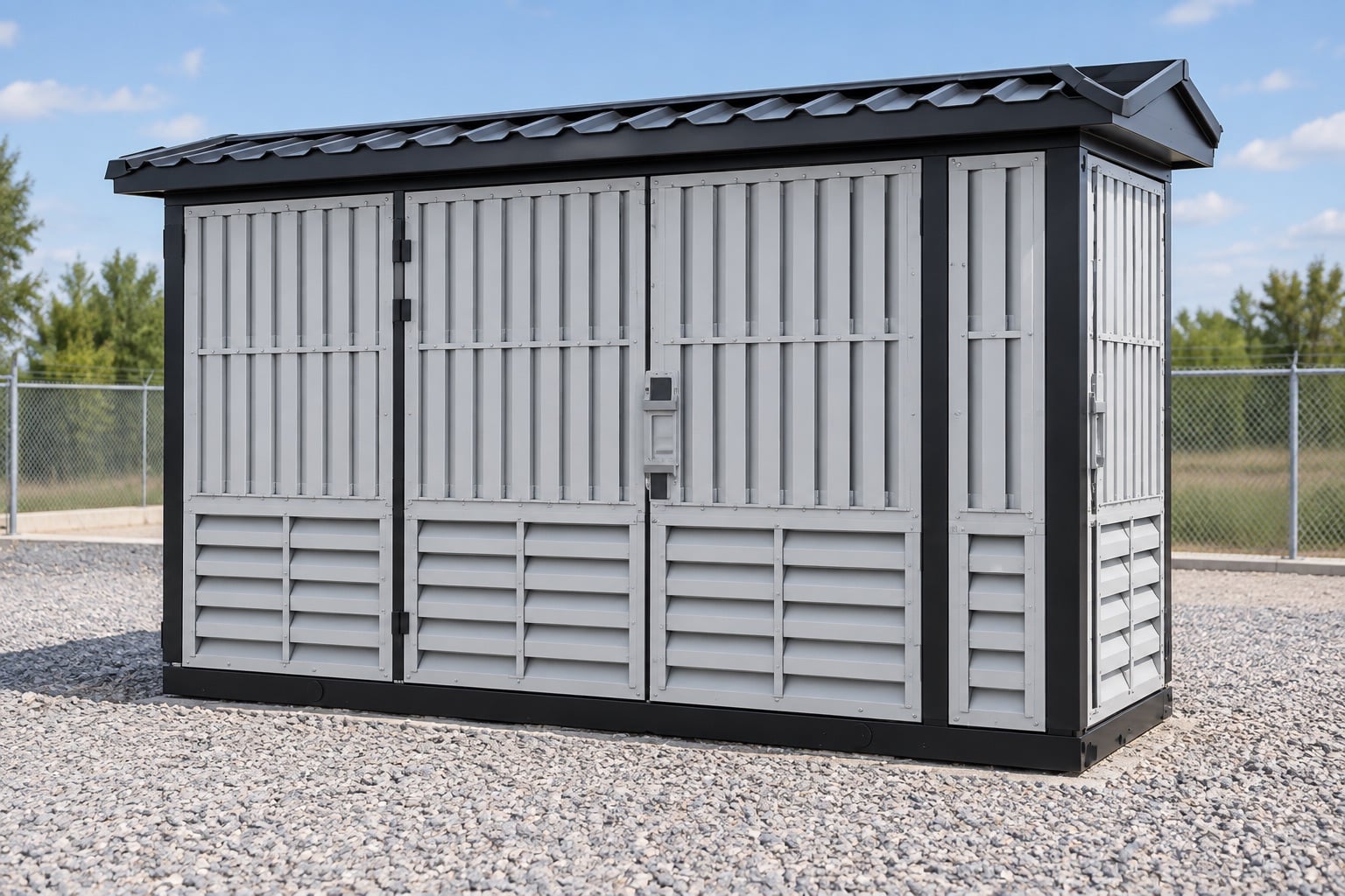 Engineer inspecting a Shenheng-style compact outdoor substation enclosure