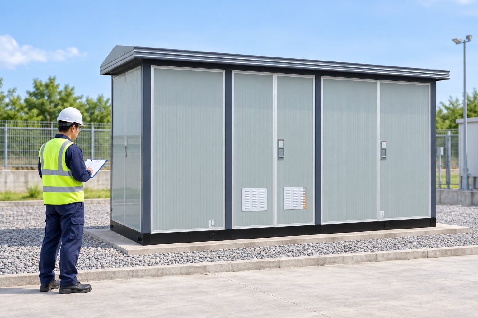 Closed Shenheng-style outdoor substation inspected by a qualified engineer