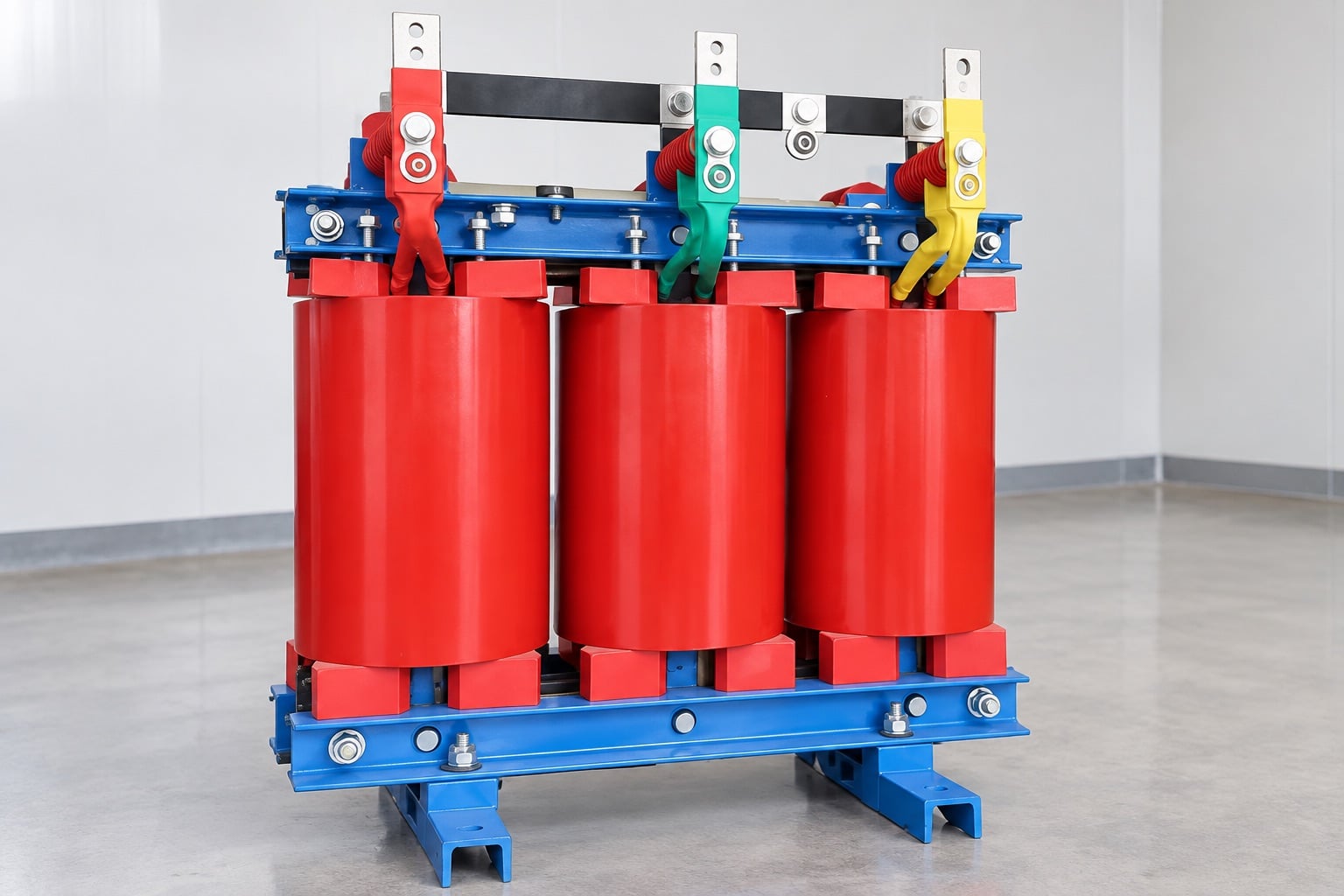 Shenheng cast-resin dry type transformer with three red windings and blue support frame