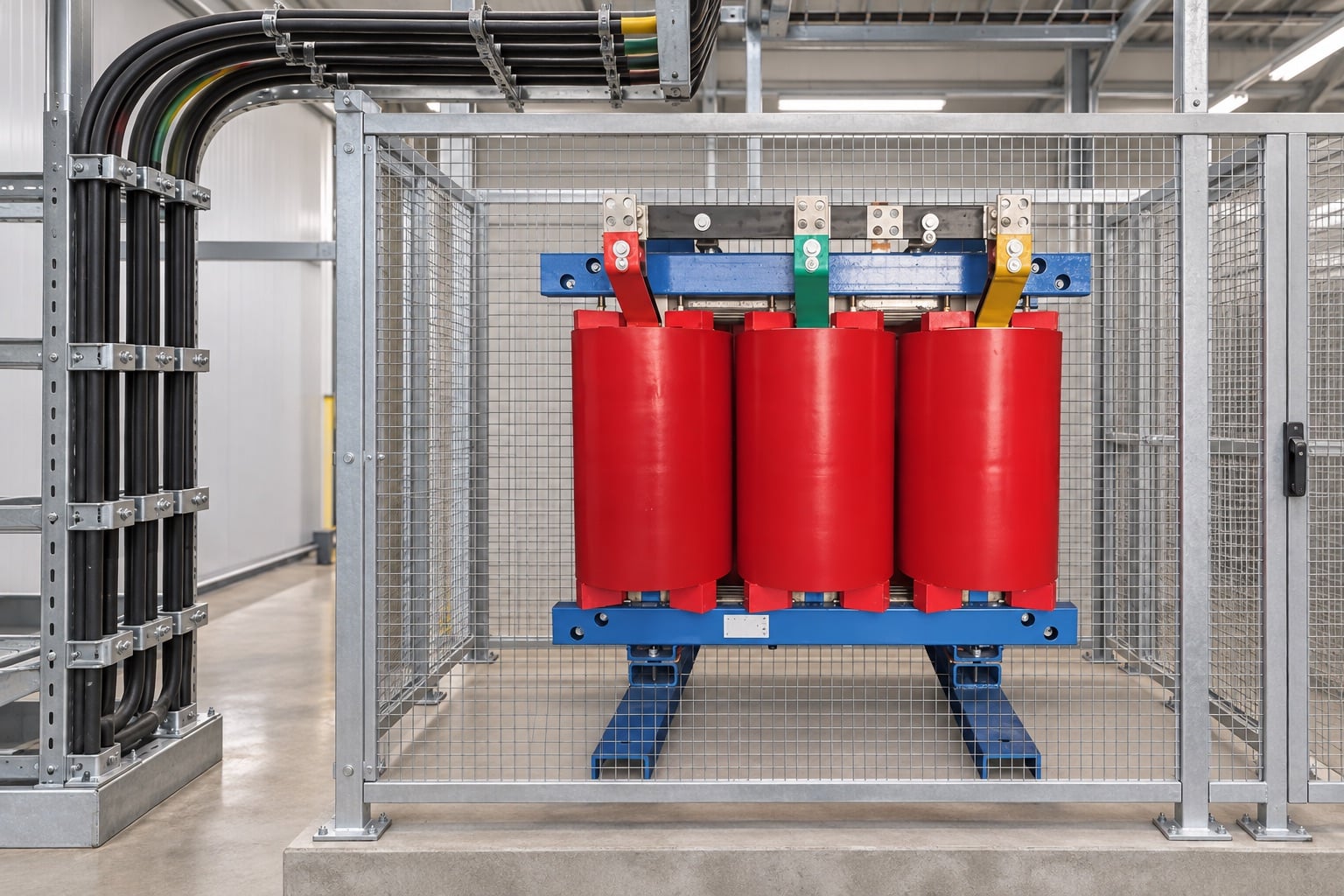 Cast-resin dry type transformer protected behind a metal mesh enclosure