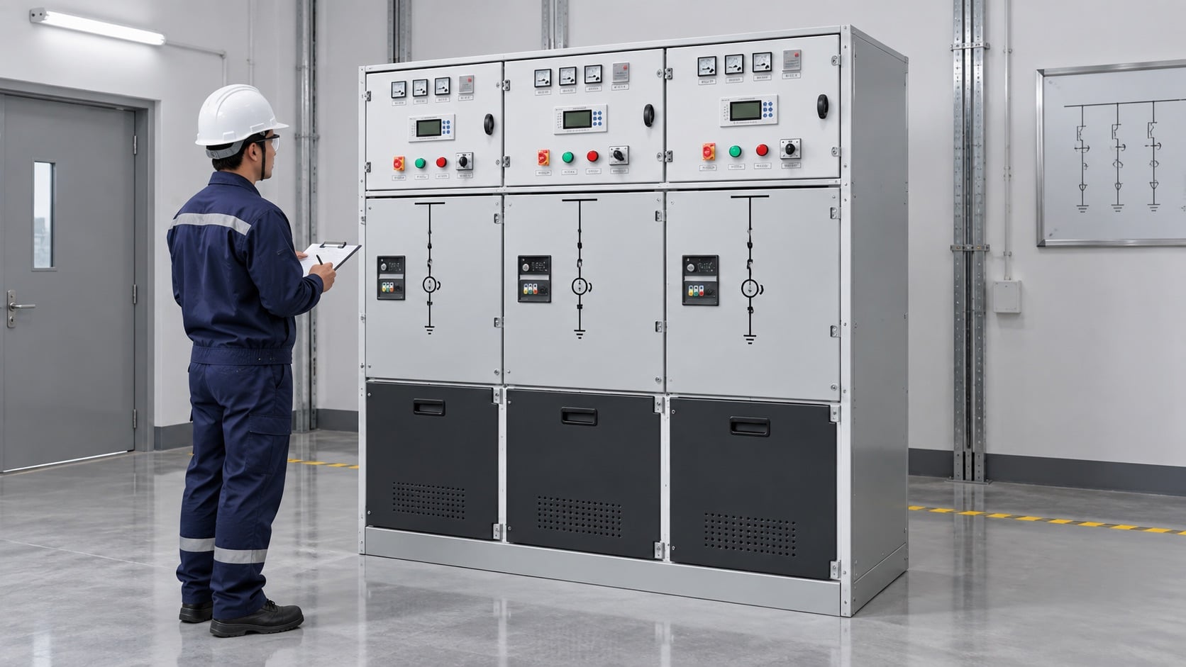 Three-section Shenheng-style ring main unit in a clean indoor switchgear room