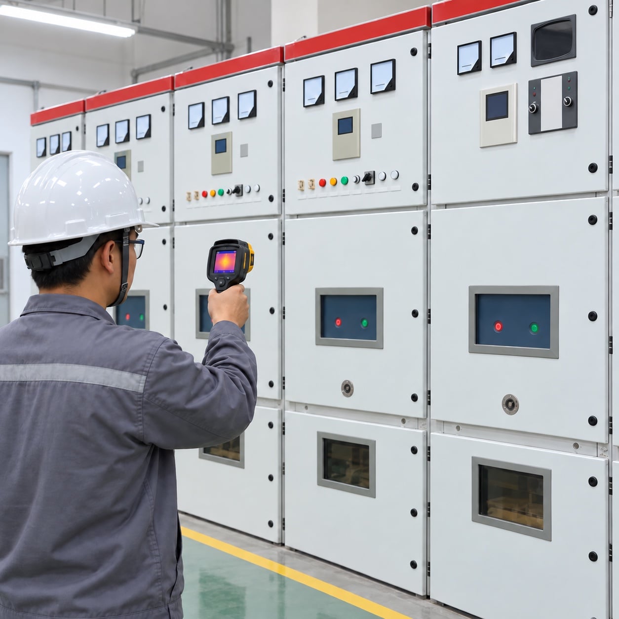 Technician using a thermal camera to inspect the closed front of KYN28-style medium-voltage switchgear