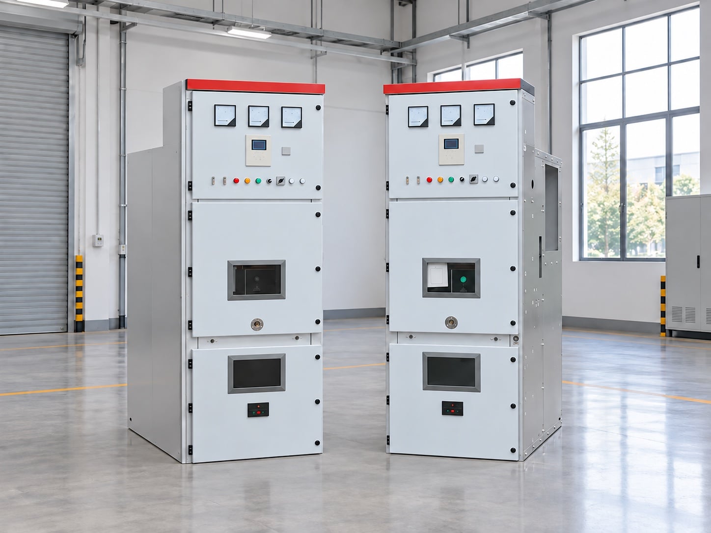 Two closed KYN28-style medium-voltage switchgear cabinets with unobstructed surrounding space in a factory test bay