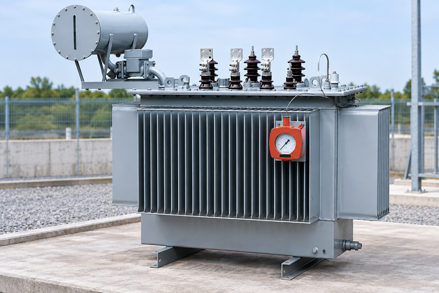 Oil transformer bushings and conservator in a project equipment area