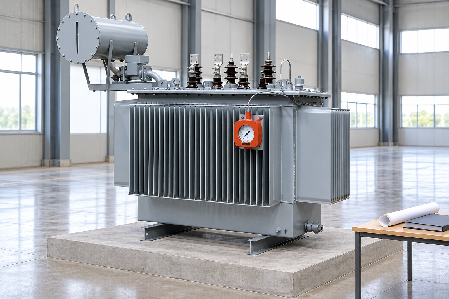 Oil transformer beside project review documents