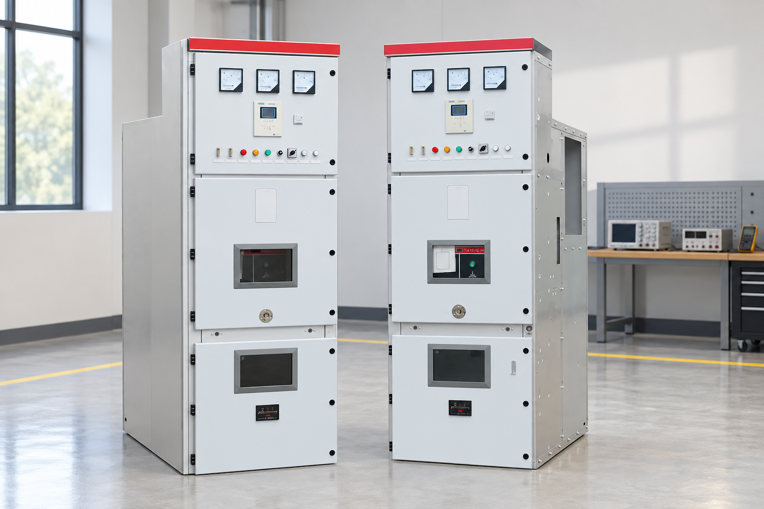 Switchgear cabinets beside a control planning bench
