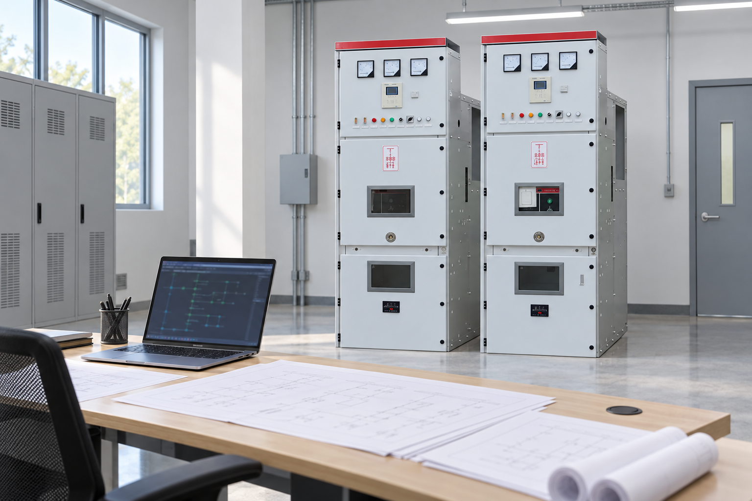 Switchgear behind a protection review desk