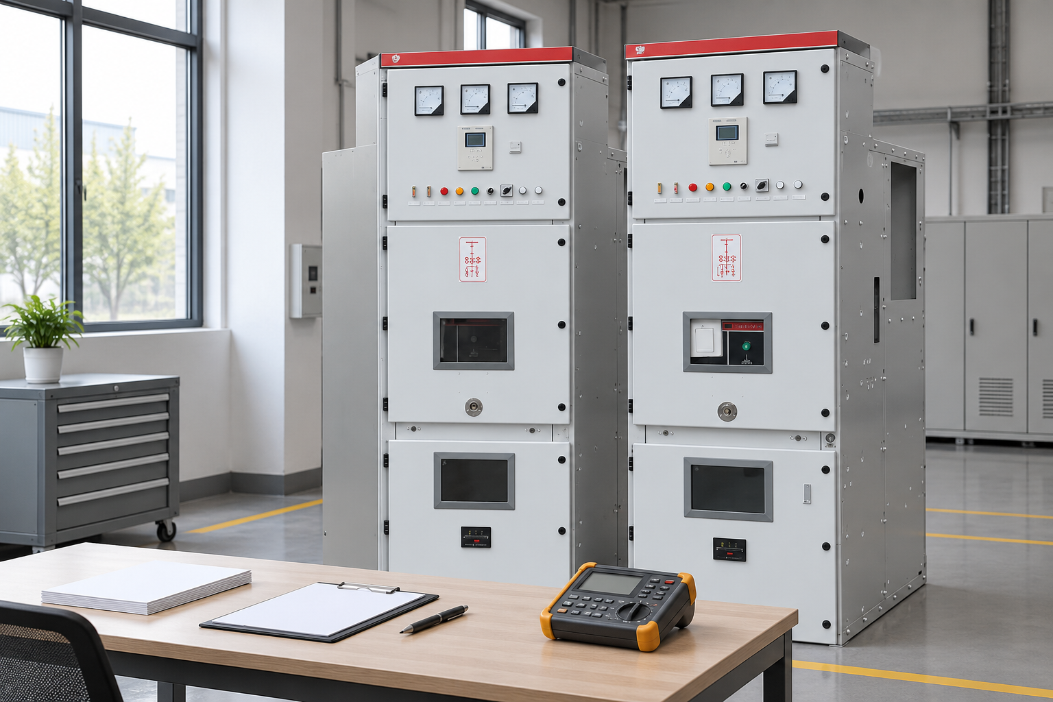 Closed switchgear behind a secondary circuit review bench