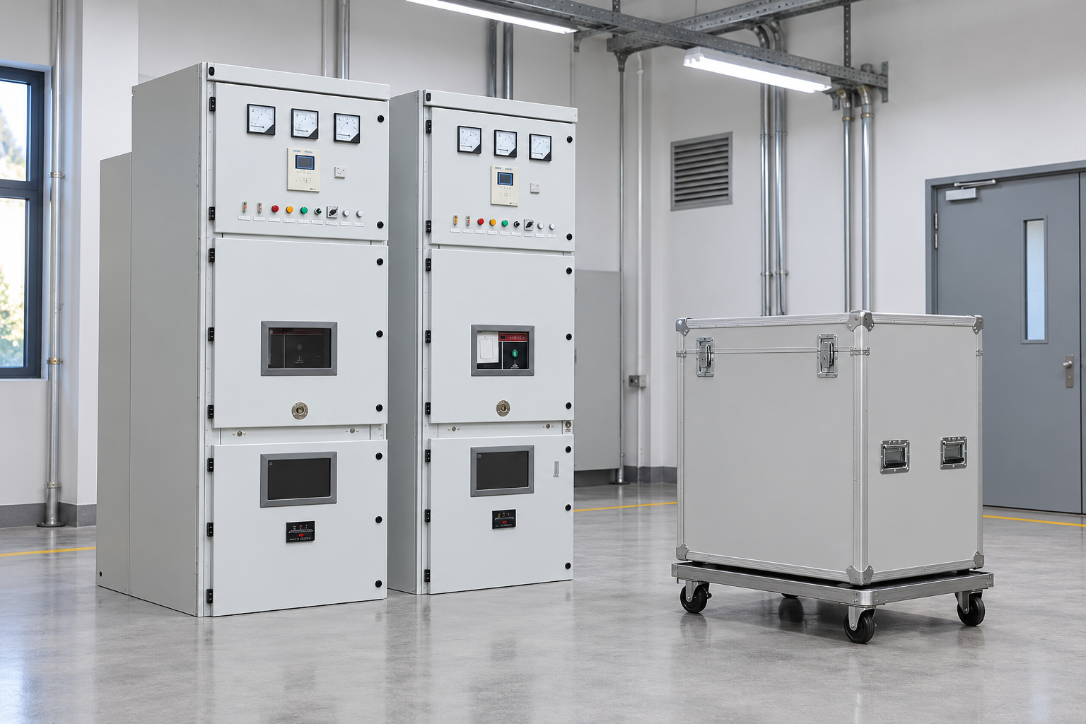 Closed switchgear beside an unconnected test trolley