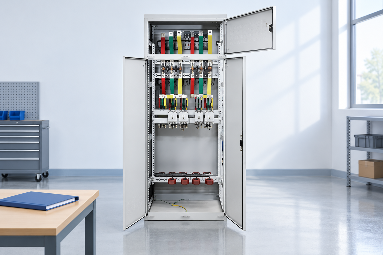 Open isolated low voltage cabinet beside a document review table