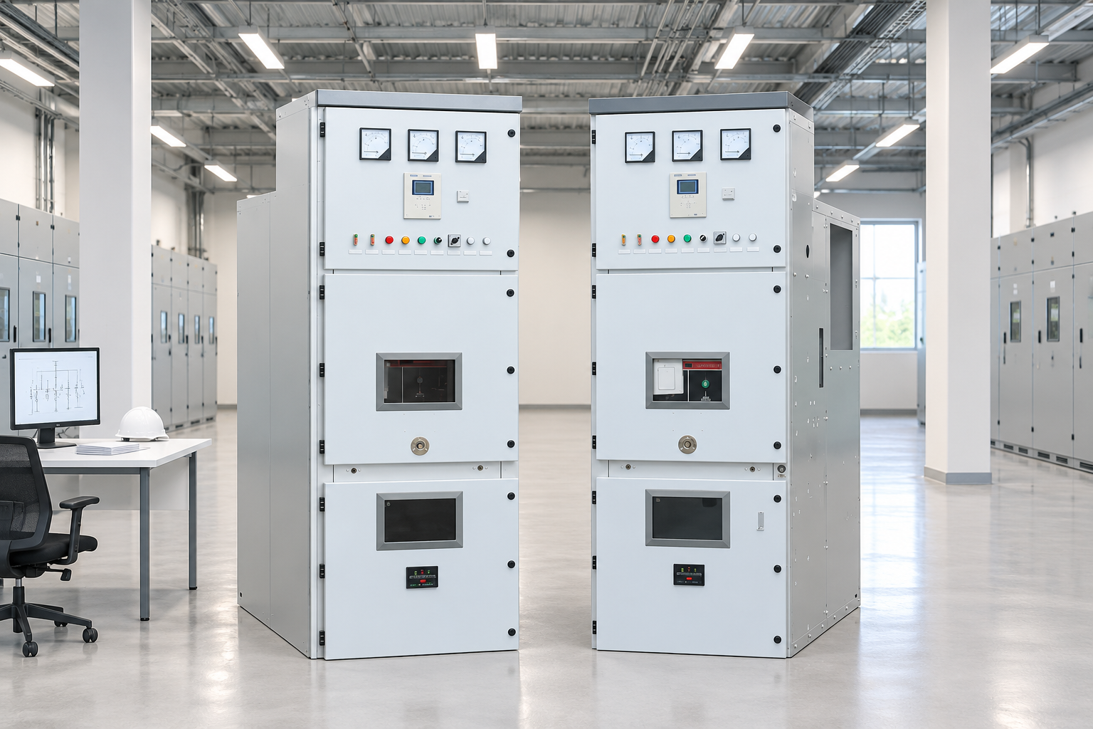 Closed switchgear with clear access in an industrial hall