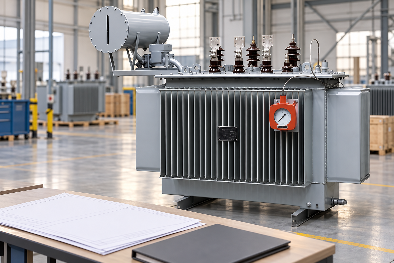 Olie-transformator naast technische documenten