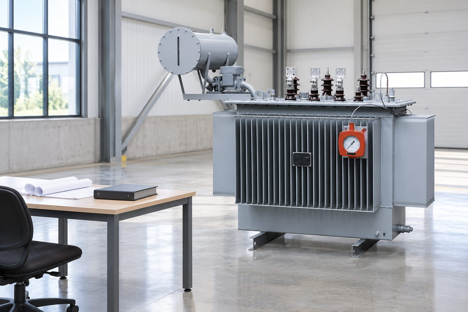 Reference transformer beside an engineering document desk