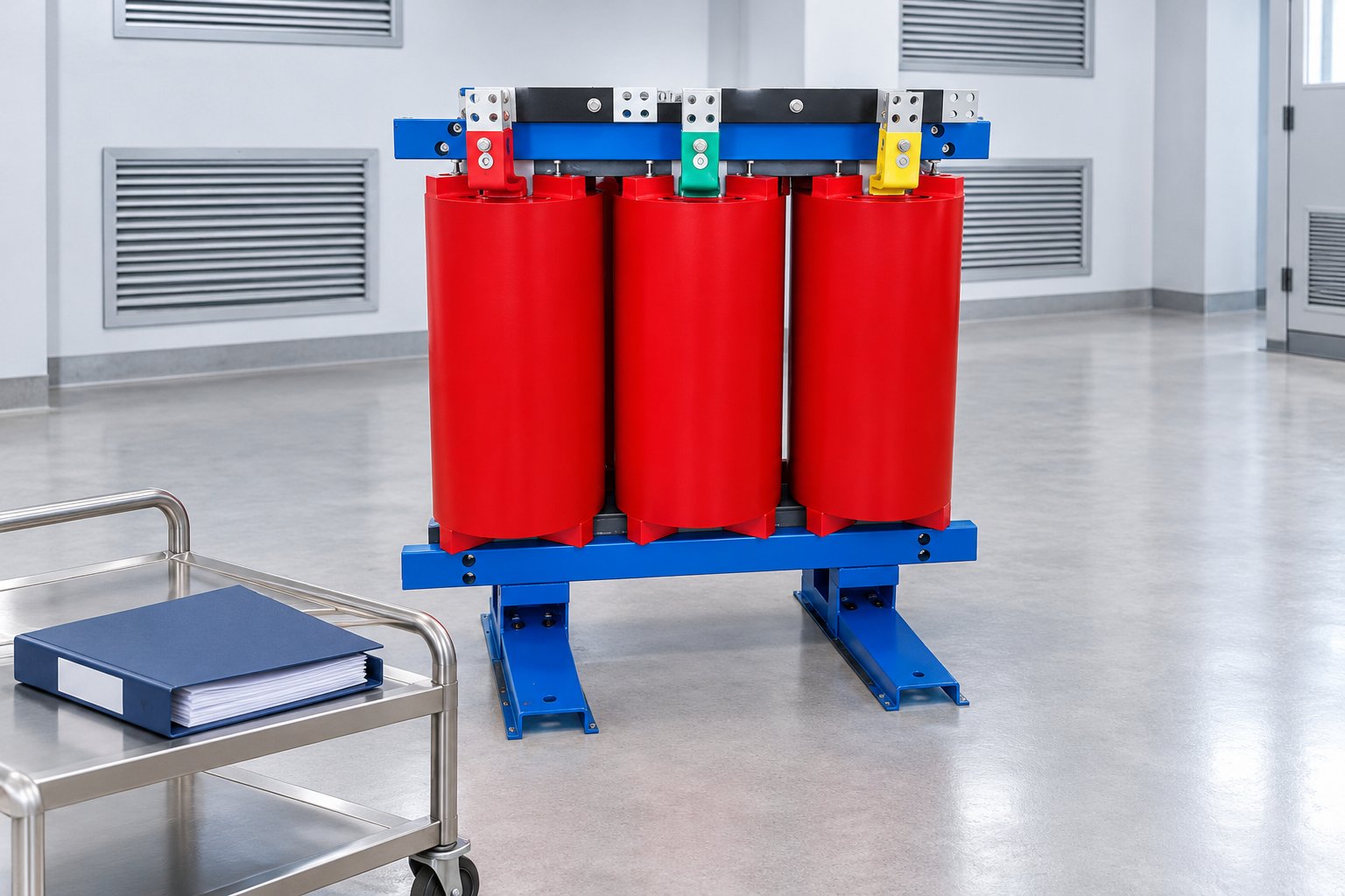 Cast resin transformer in a ventilated room with document trolley