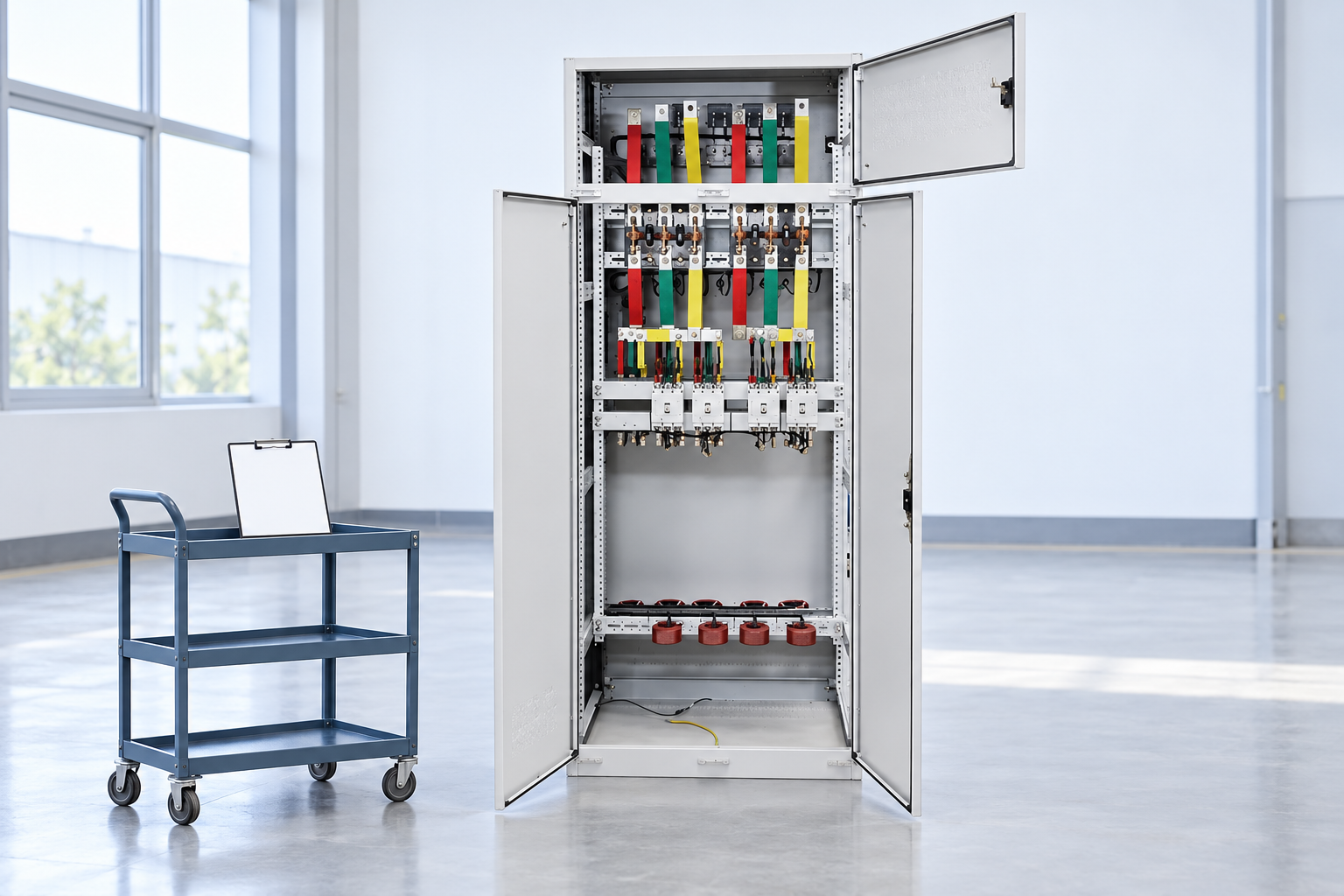 Open low voltage cabinet beside a detached clipboard trolley