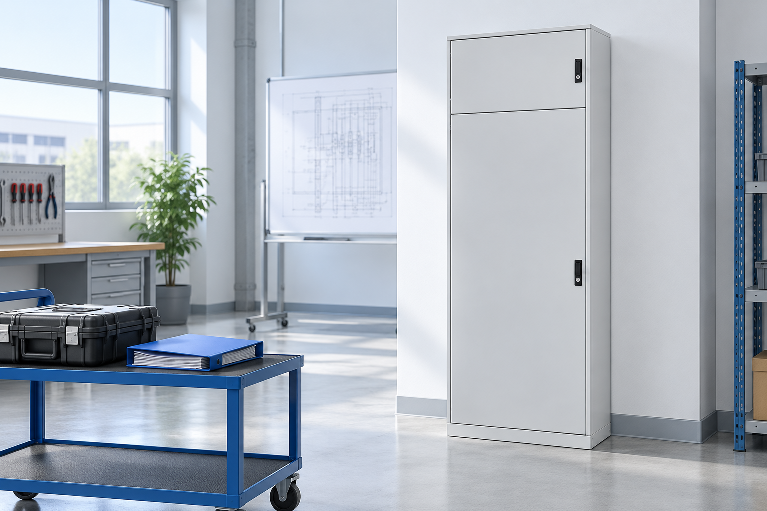 Closed low voltage cabinet beside maintenance planning documents