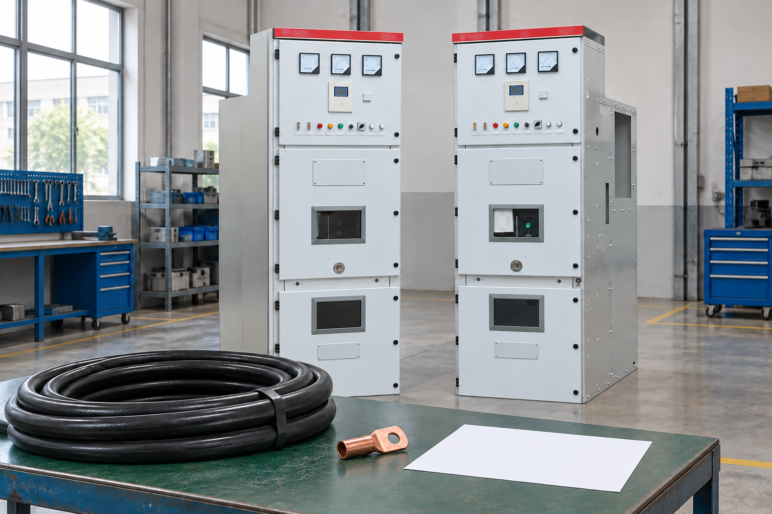 KYN28 switchgear beside cable accessory review bench