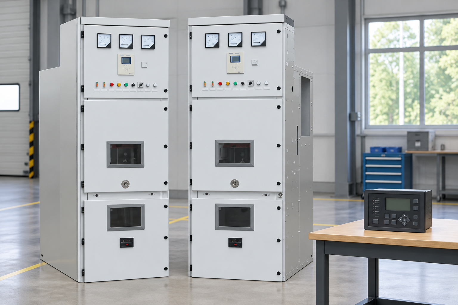 Closed switchgear beside a detached digital protection relay