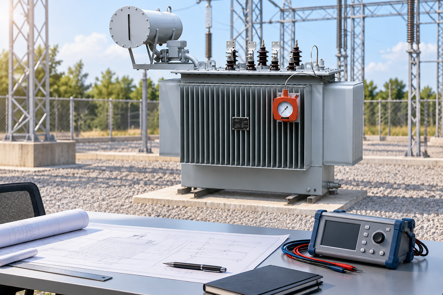 Oil transformer behind a separate CT design review desk