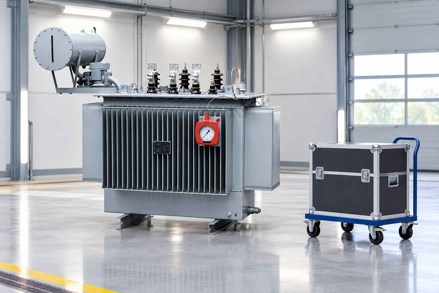 Oil transformer with an isolated protection test trolley