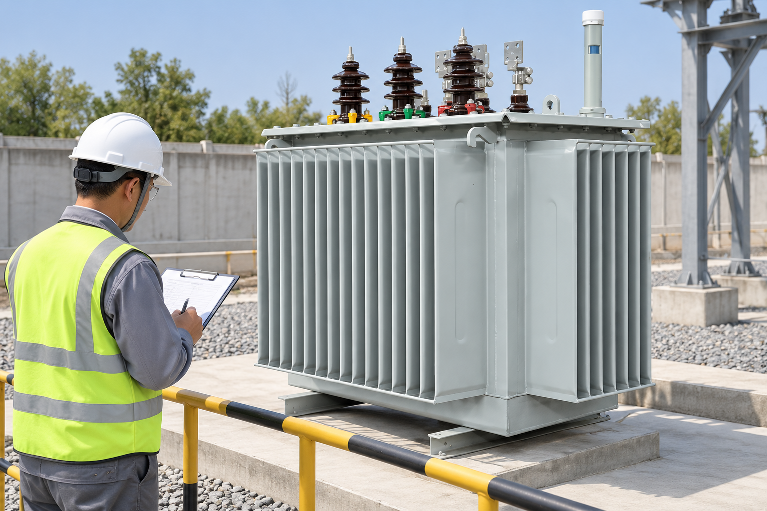 Inspection record beside a sealed corrugated distribution transformer