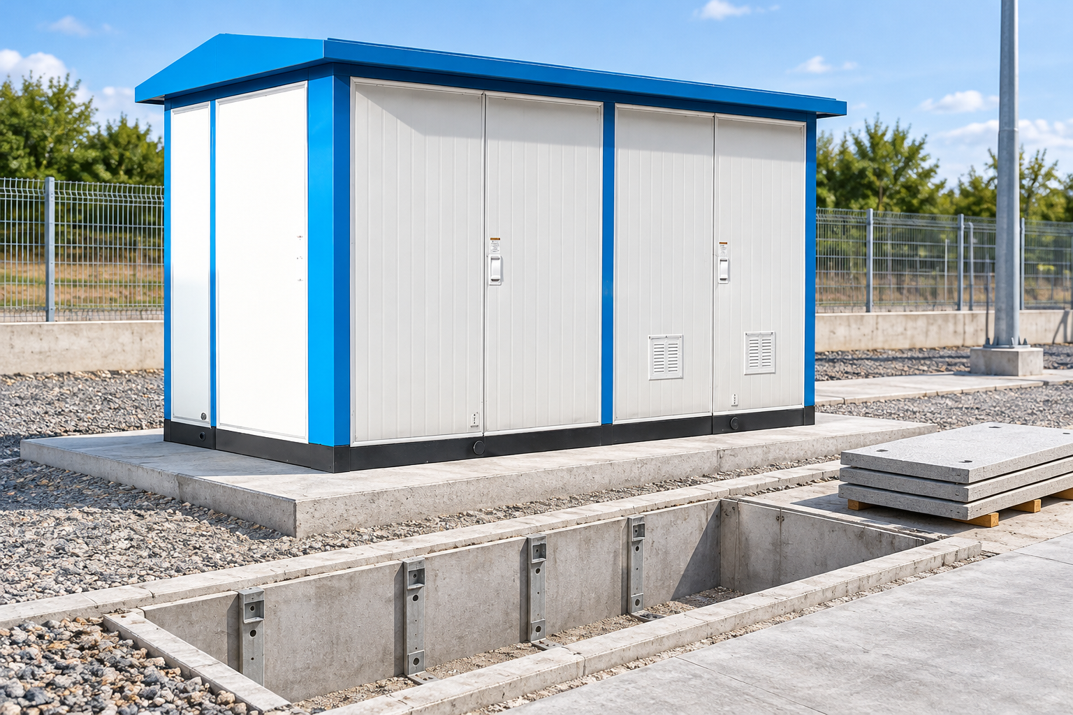 Compact substation beside an unfinished empty cable trench