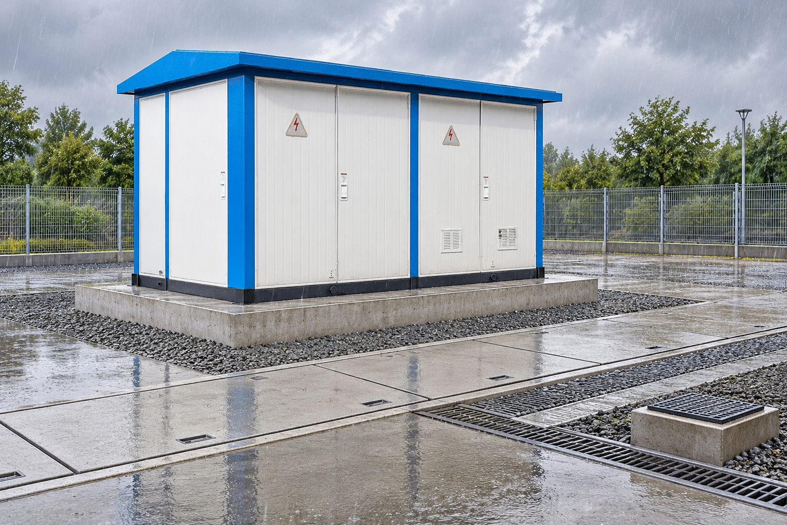 Compact substation beside covered trench and separate rainwater drain
