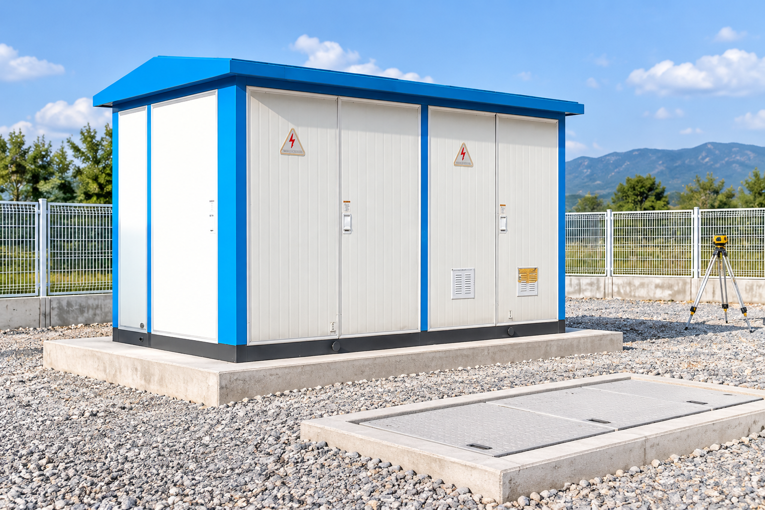 Compact substation on foundation beside survey equipment
