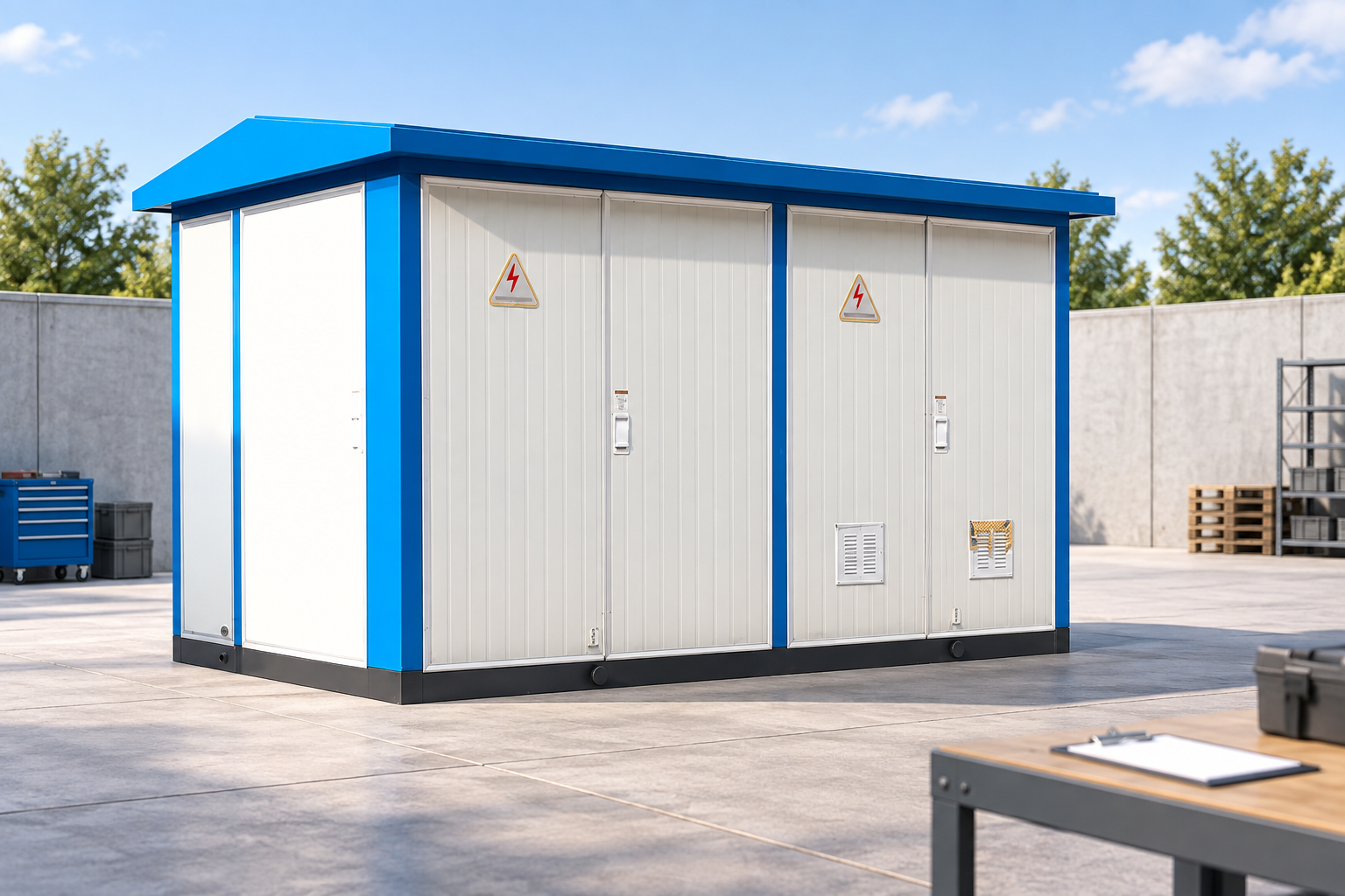 Compact substation enclosure beside a design planning desk