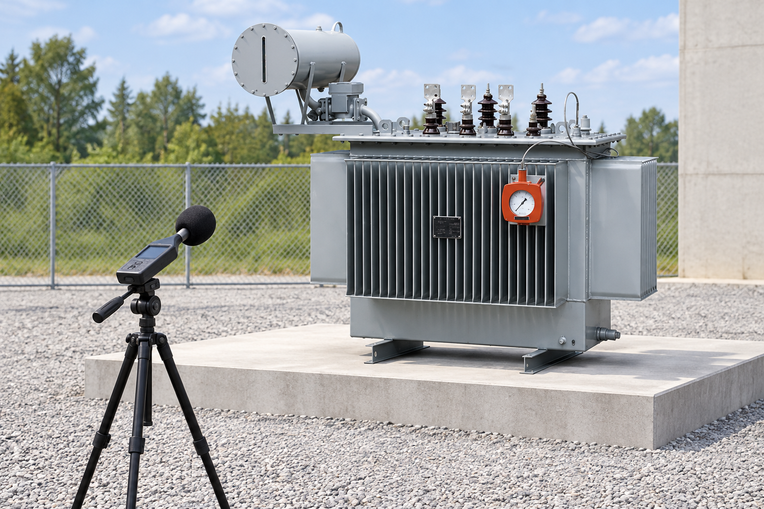 Oil transformer with sound survey microphone on a tripod