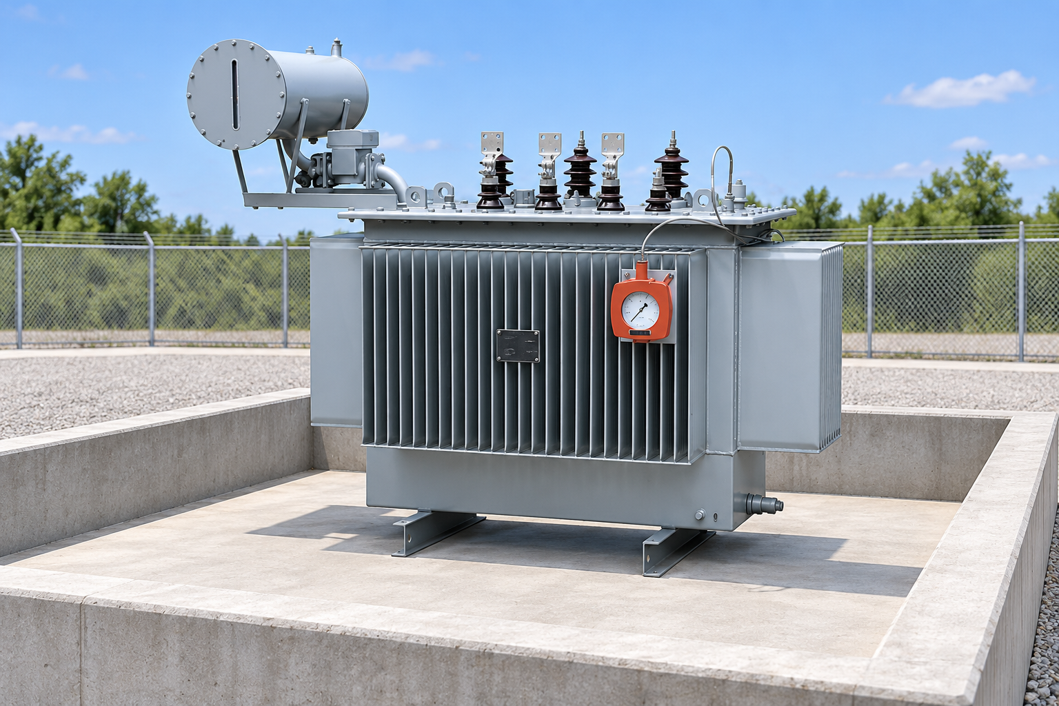 Oil transformer supported within an empty containment basin
