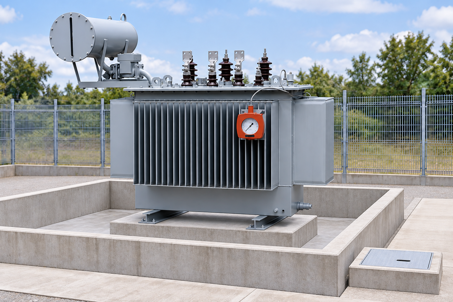 Oil transformer with accessible external inspection chamber