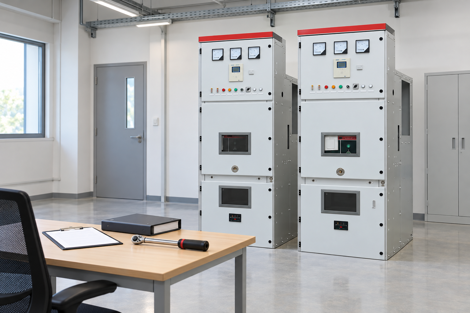 KYN28 switchgear beside inspection documents