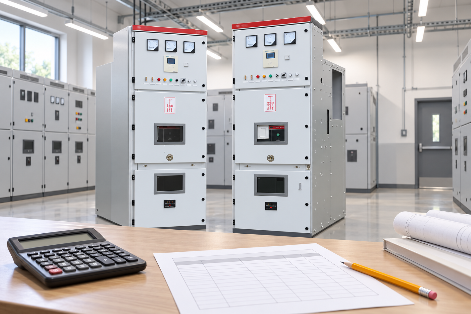 Switchgear cabinets beside a control load schedule desk