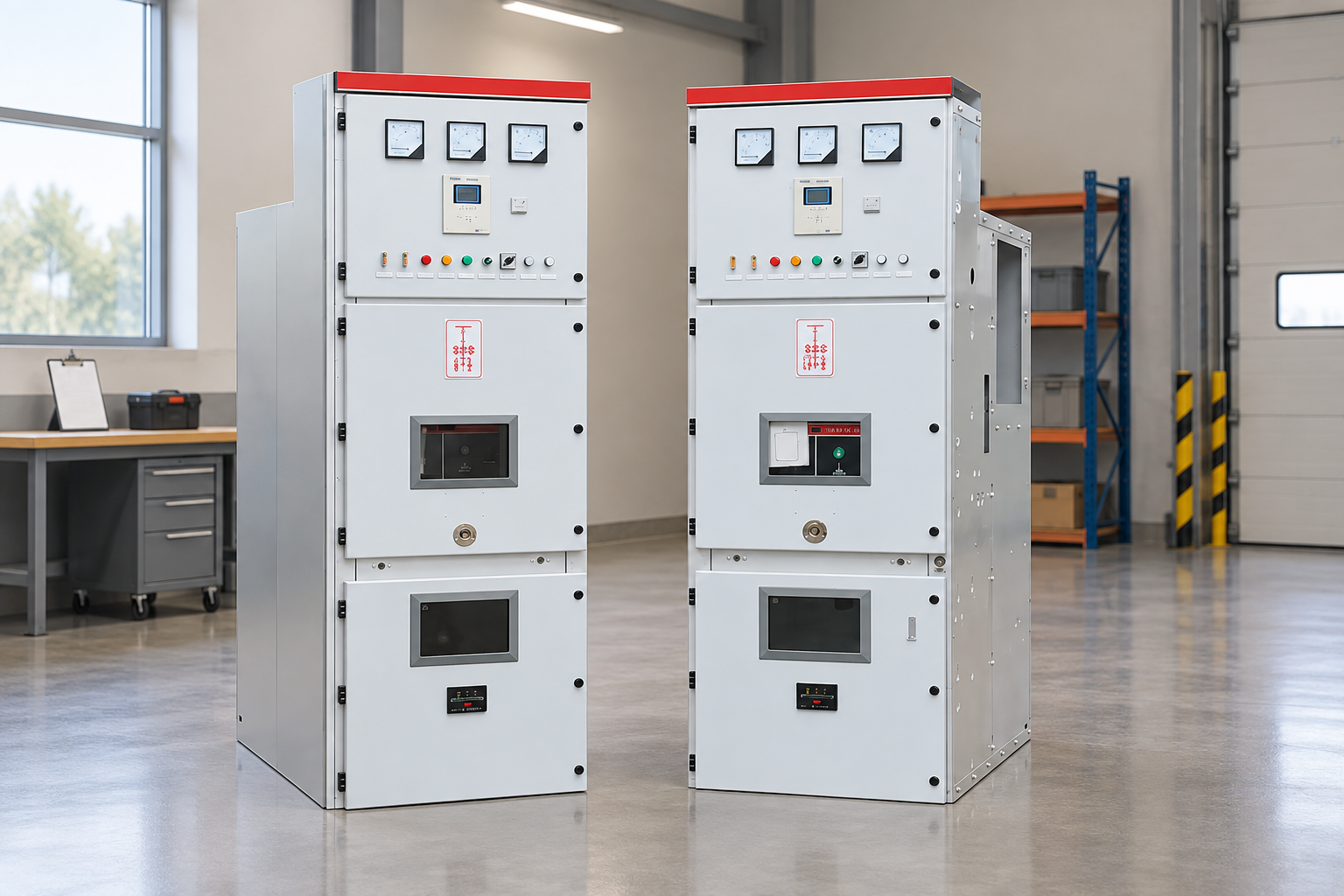 Switchgear cabinets beside a planning workbench
