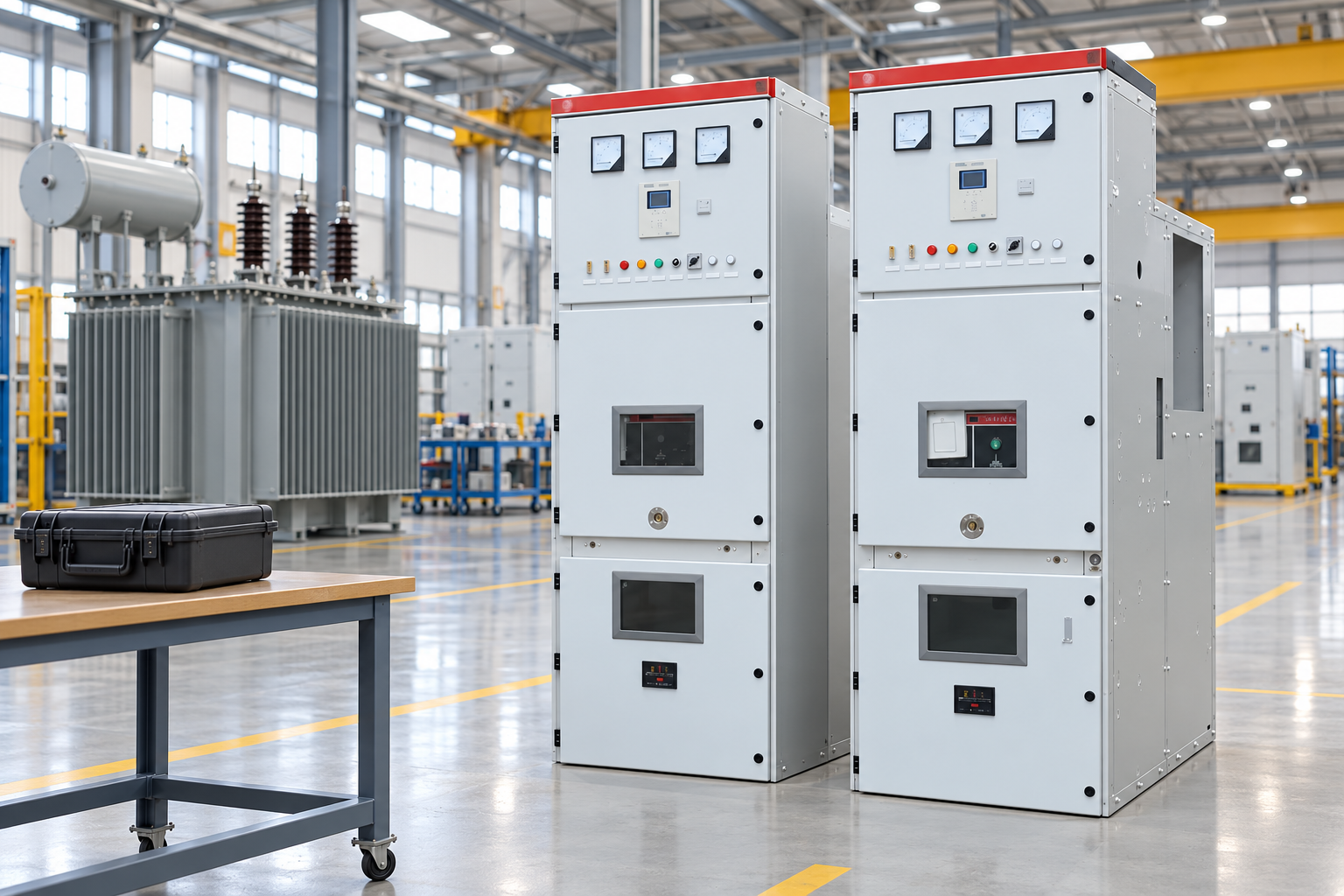 Closed switchgear cabinets beside an isolated factory inspection desk
