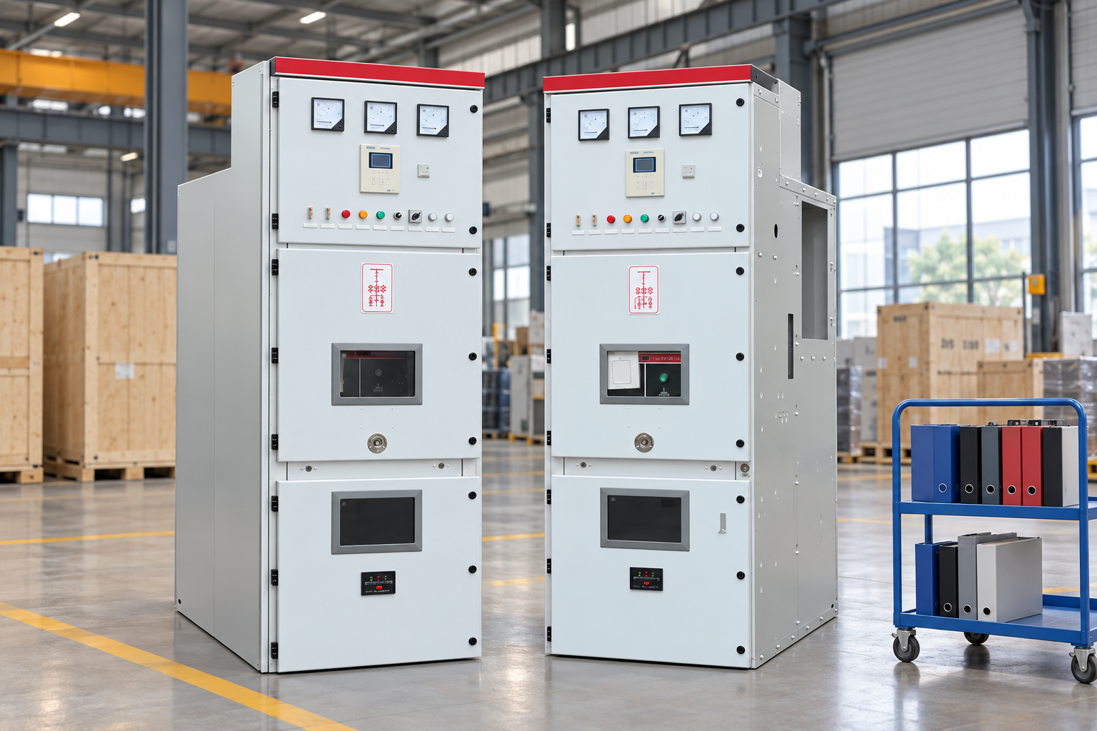 Medium-voltage cabinets in a factory dispatch inspection hall