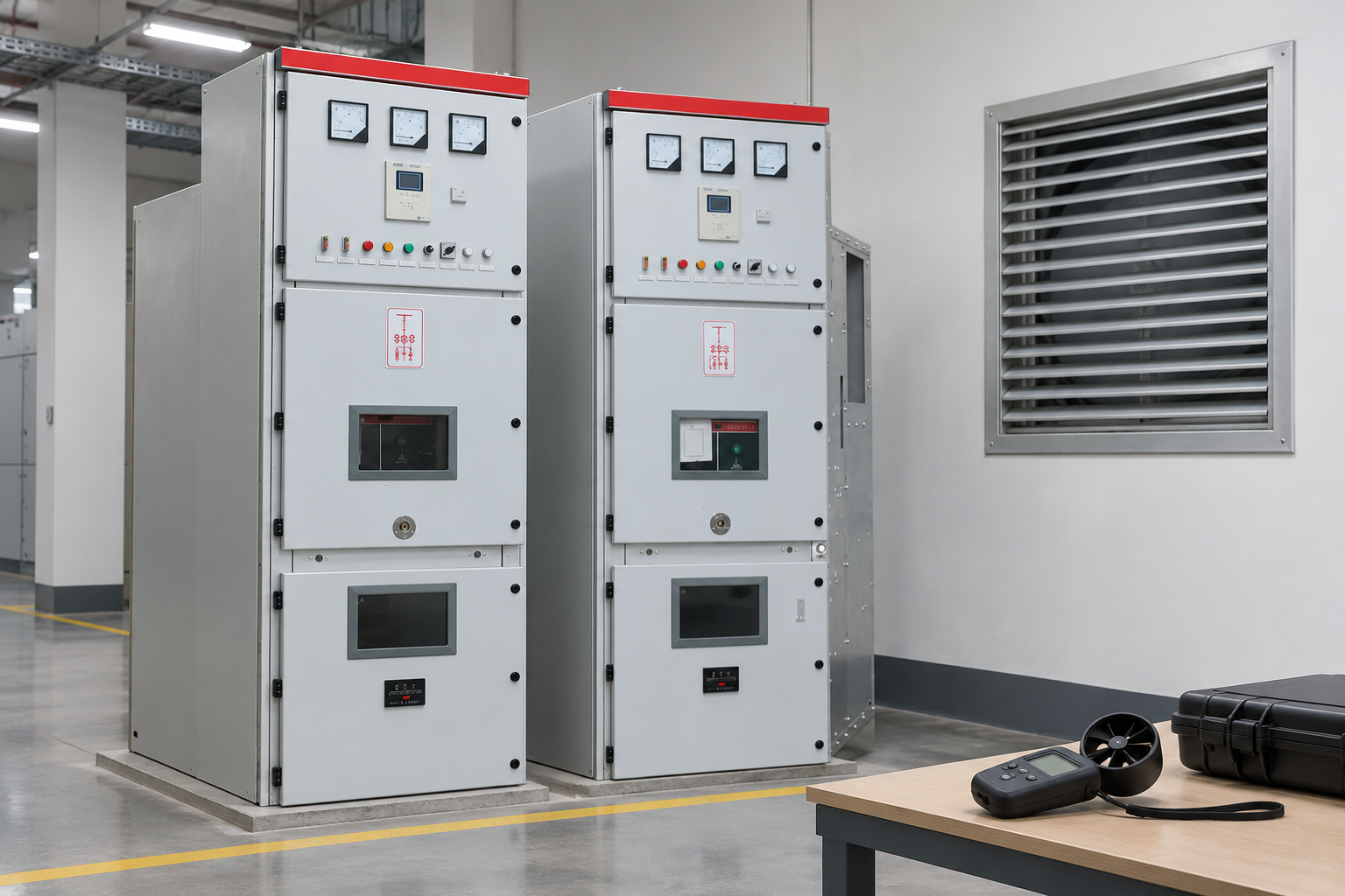 Reference switchgear beside a ventilation grille and airflow meter