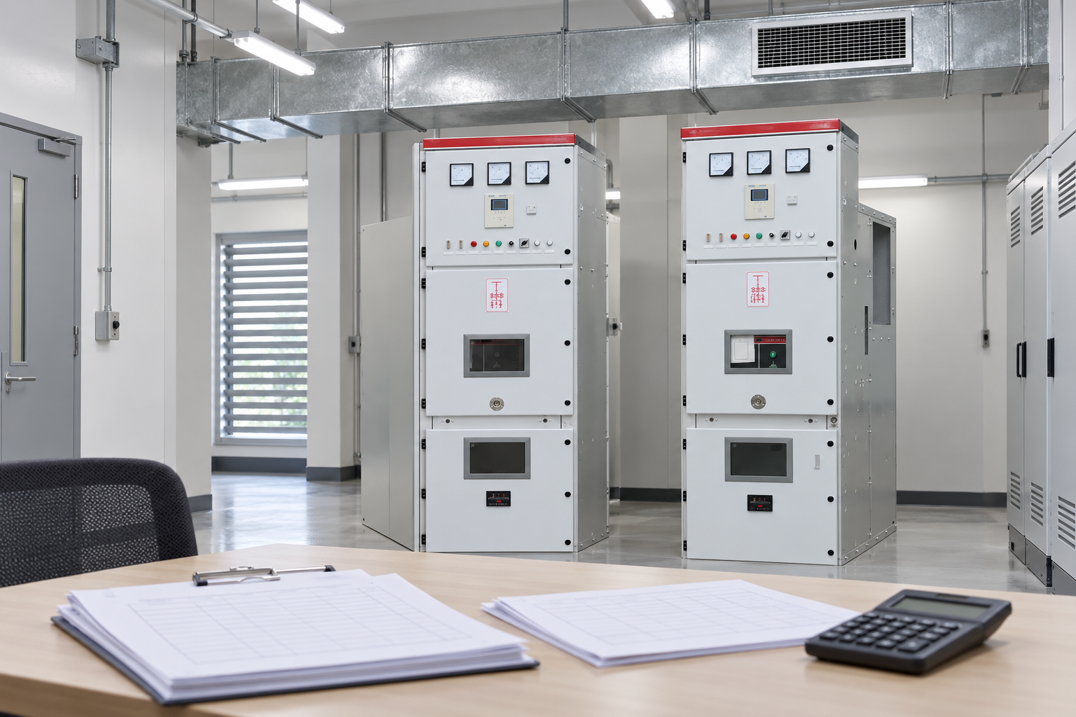 KYN28 cabinets beside heat-load review paperwork