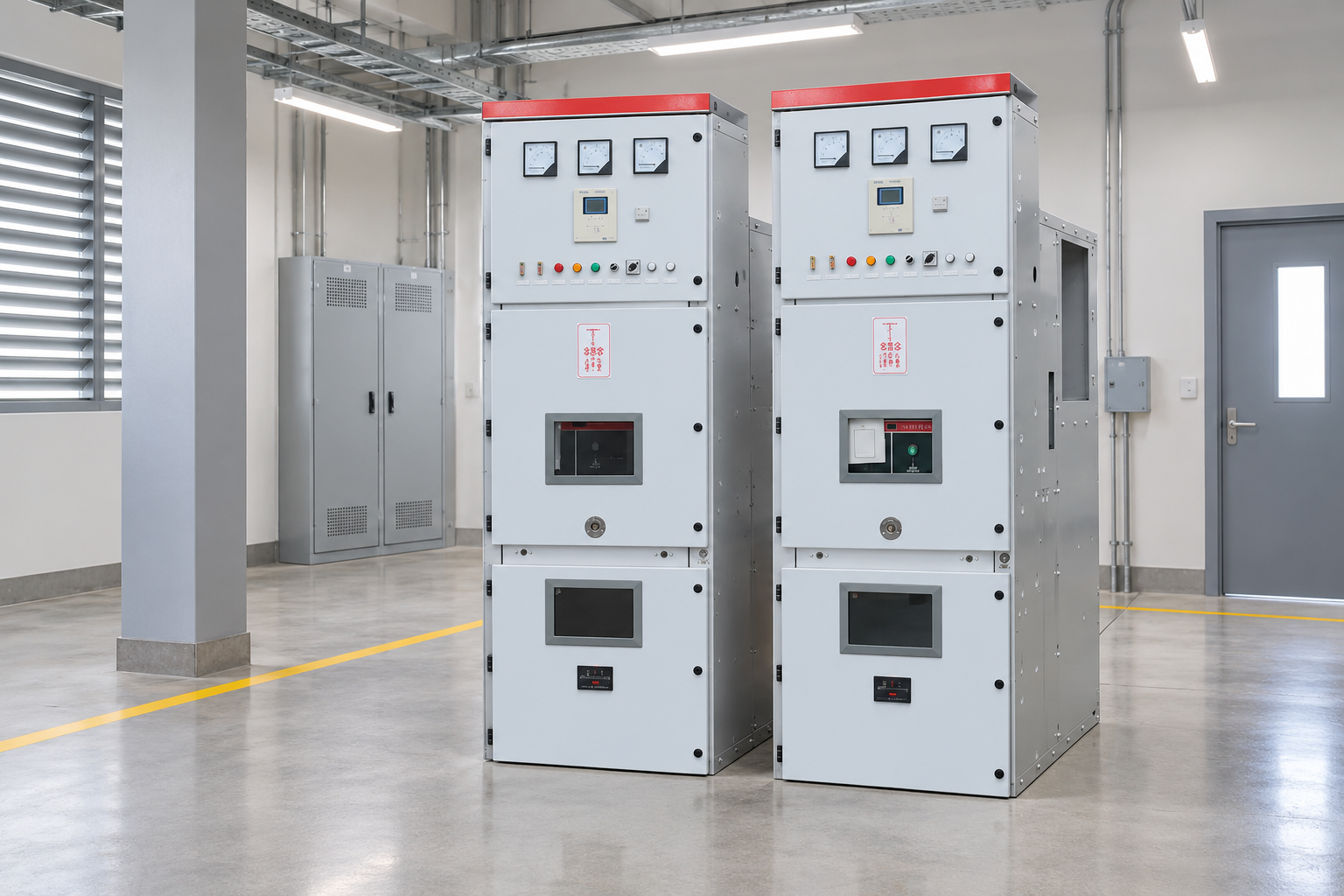 Closed switchgear beside a separate commissioning case
