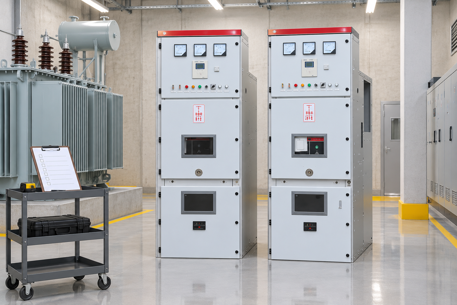 Medium-voltage cabinets beside a site handover trolley