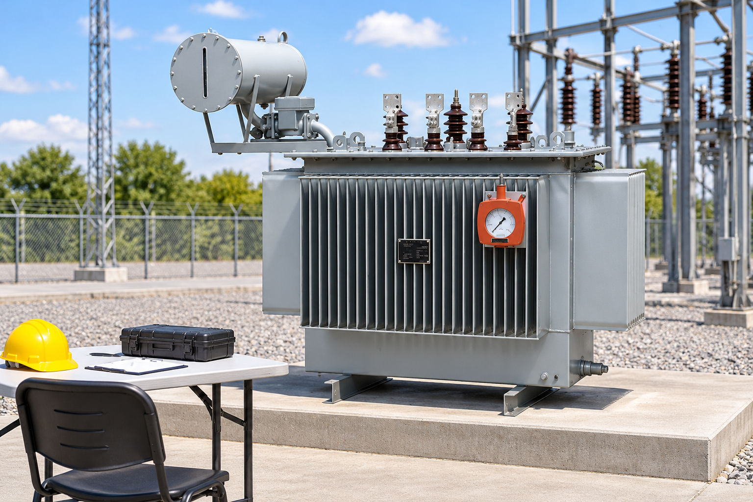 Oil transformer beside a separate closed instrument case