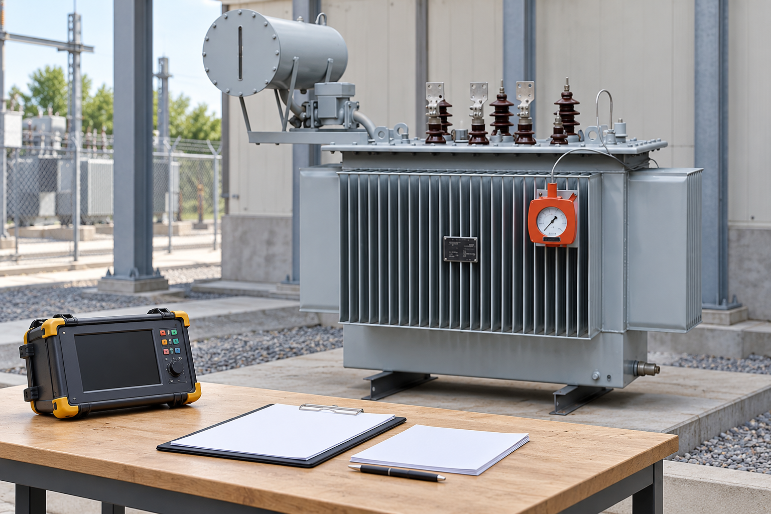 Oil transformer beside a separate CT review workbench