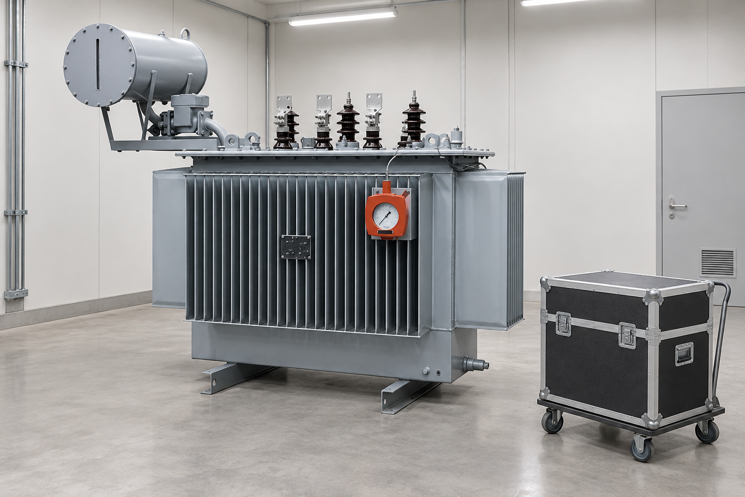 Oil transformer with separate test case in an inspection bay