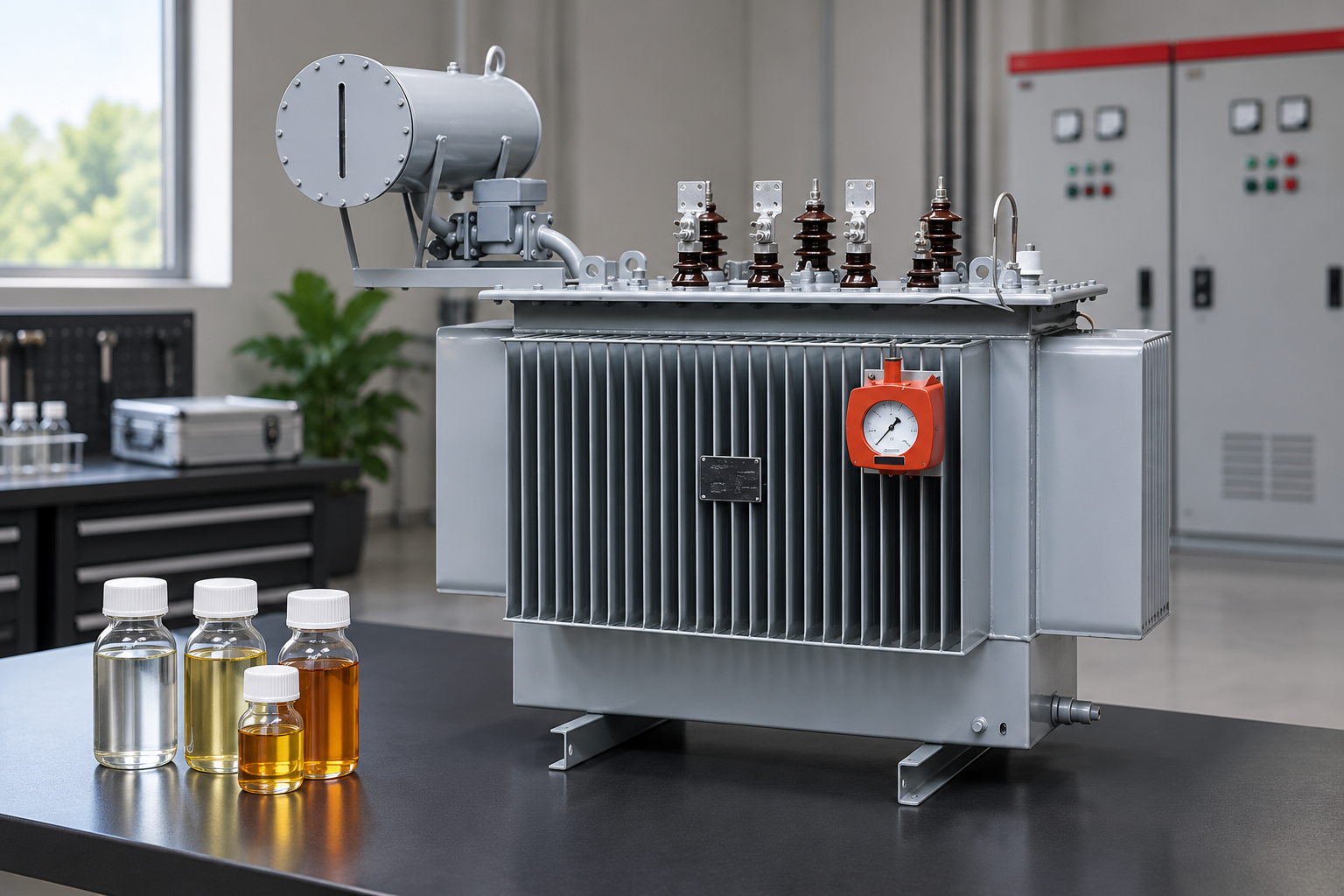 Oil-filled transformer in a covered sample planning bay