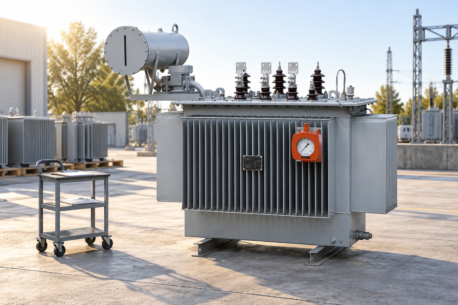 Oil-filled transformer beside an isolated review cart