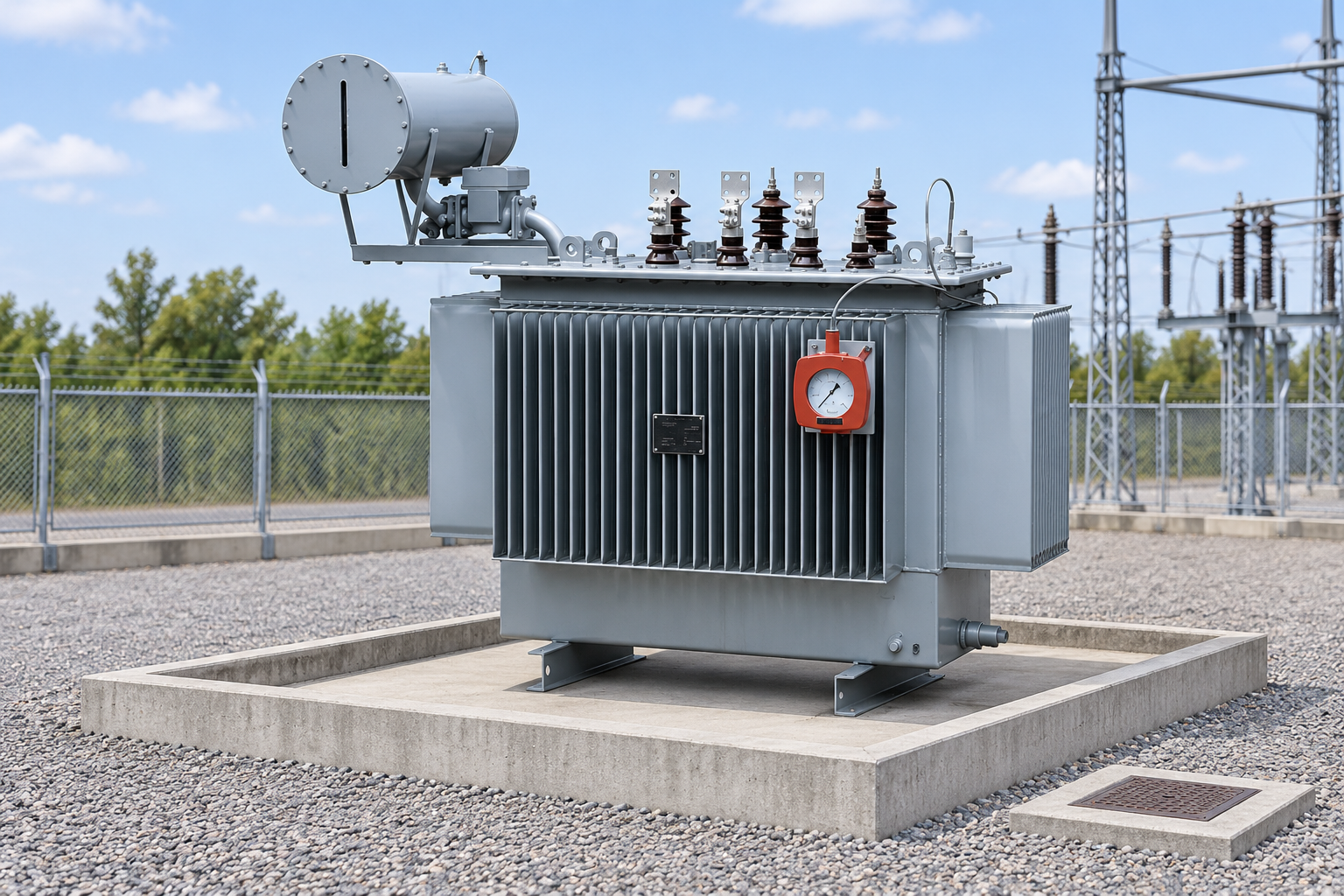 Oil transformer on a concrete containment pad