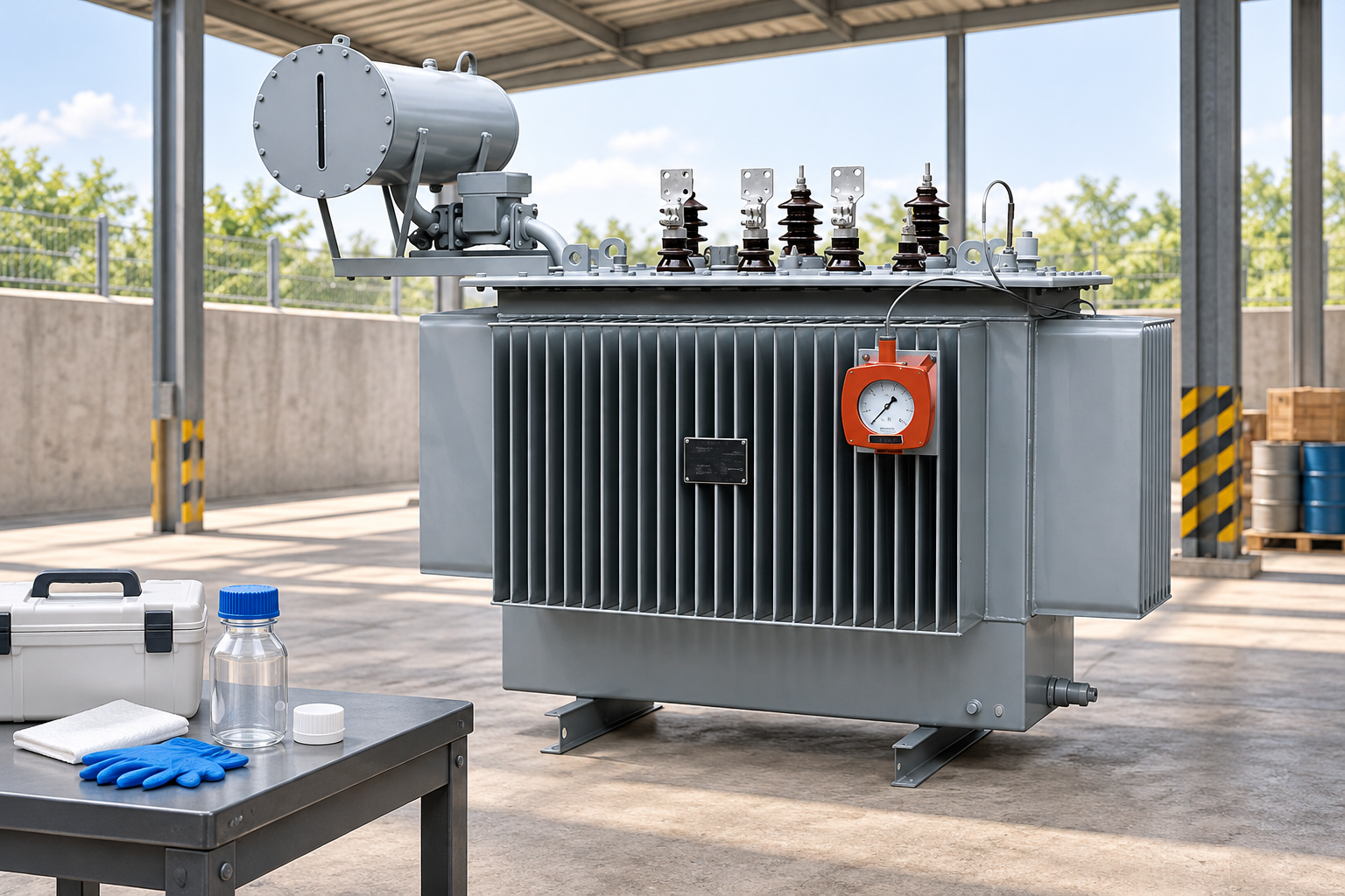 Oil transformer in a covered yard beside capped sample bottles