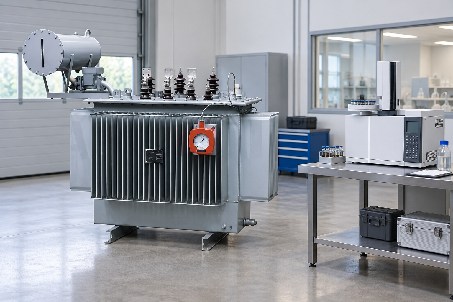 Oil transformer beside a separate laboratory instrument